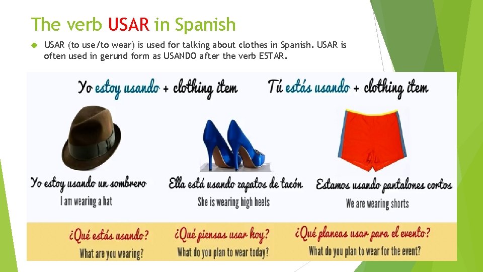 The verb USAR in Spanish USAR (to use/to wear) is used for talking about