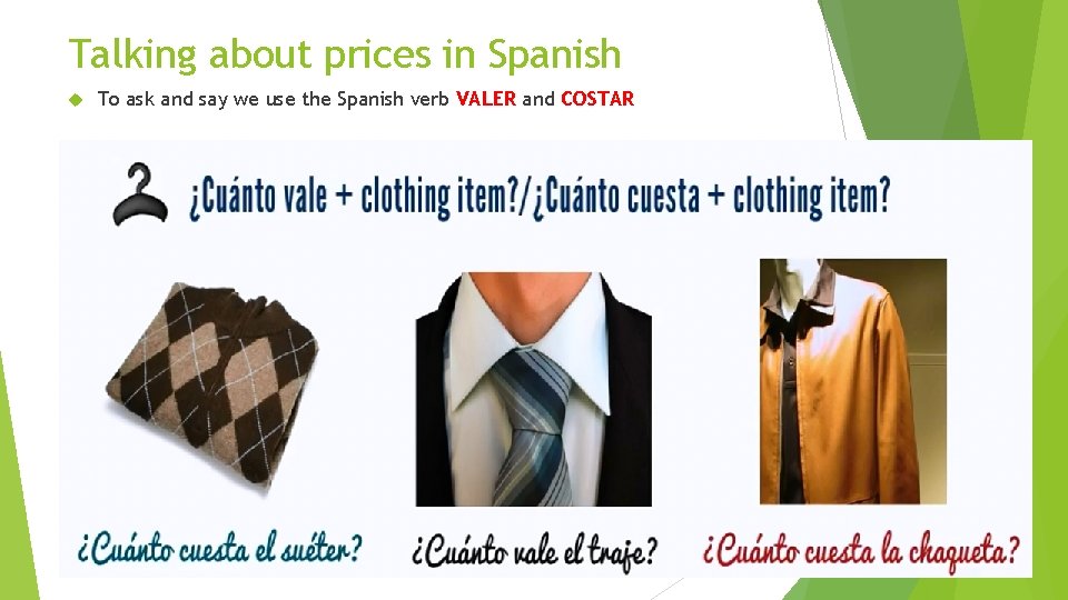 Talking about prices in Spanish To ask and say we use the Spanish verb