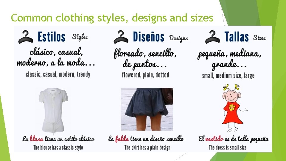 Common clothing styles, designs and sizes 