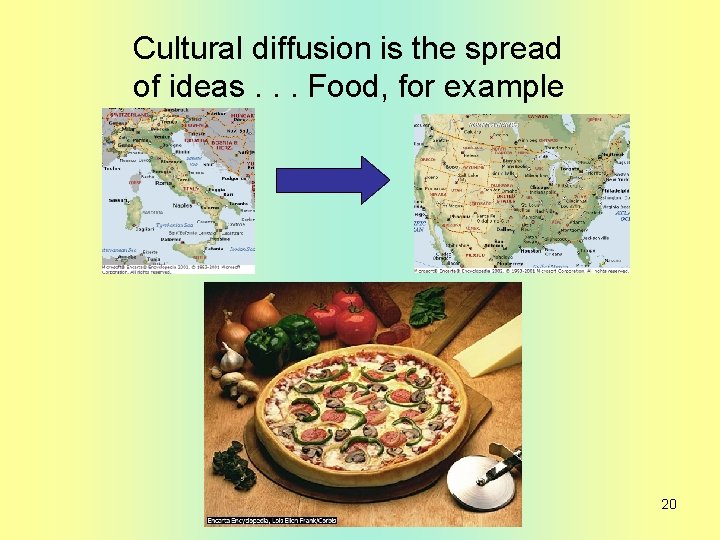 Cultural diffusion is the spread of ideas. . . Food, for example 20 