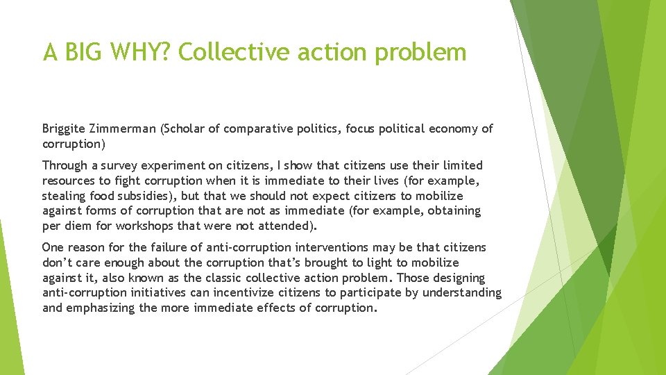 A BIG WHY? Collective action problem Briggite Zimmerman (Scholar of comparative politics, focus political