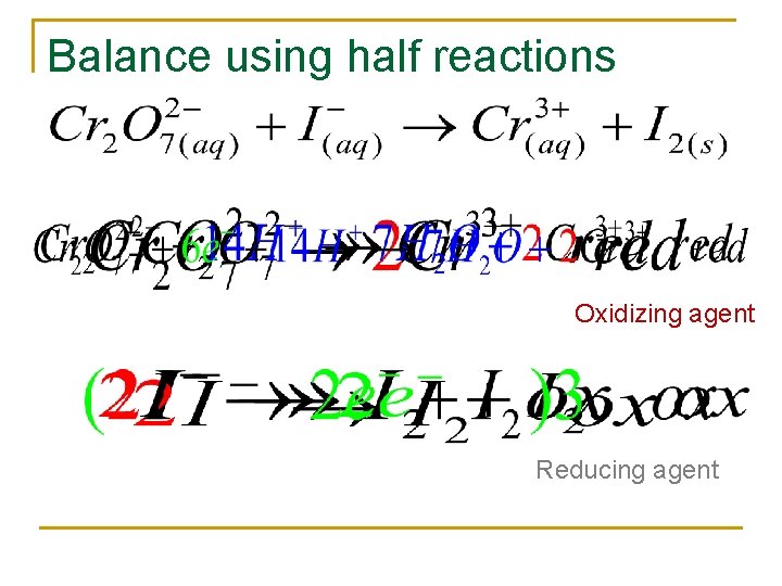 Balance using half reactions Oxidizing agent Reducing agent 