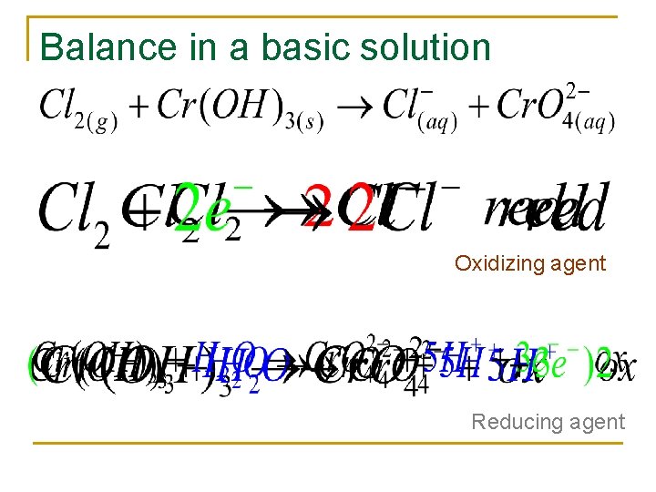 Balance in a basic solution Oxidizing agent Reducing agent 