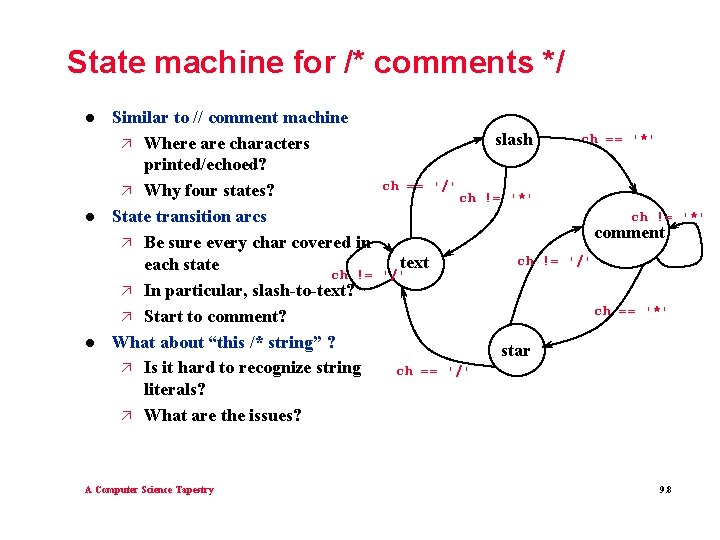 State machine for /* comments */ l l l Similar to // comment machine