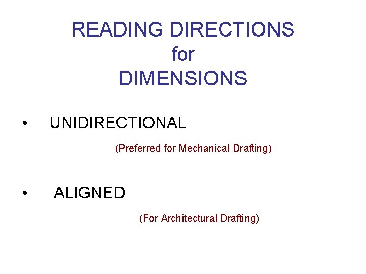 READING DIRECTIONS for DIMENSIONS • UNIDIRECTIONAL (Preferred for Mechanical Drafting) • ALIGNED (For Architectural