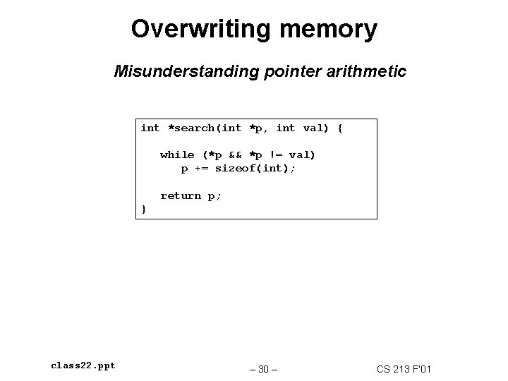 Overwriting memory Misunderstanding pointer arithmetic int *search(int *p, int val) { while (*p &&