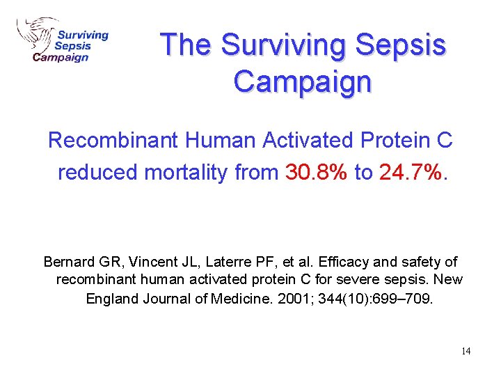 The Surviving Sepsis Campaign Recombinant Human Activated Protein C reduced mortality from 30. 8% The Surviving Sepsis Campaign Recombinant Human Activated Protein C reduced mortality from 30. 8%