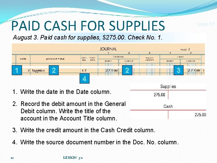 PAID CASH FOR SUPPLIES page 61 August 3. Paid cash for supplies, $275. 00.