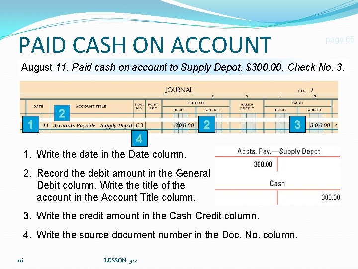 PAID CASH ON ACCOUNT page 65 August 11. Paid cash on account to Supply