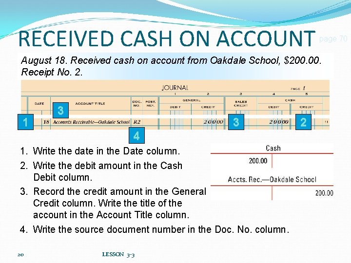 RECEIVED CASH ON ACCOUNT page 70 August 18. Received cash on account from Oakdale