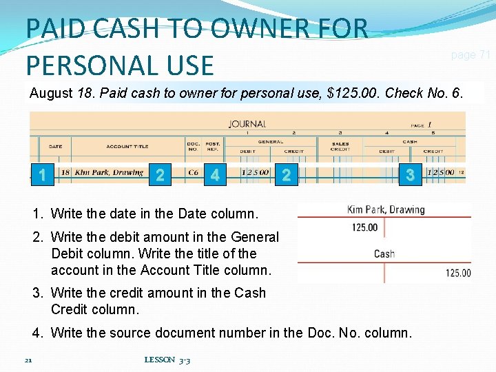 PAID CASH TO OWNER FOR PERSONAL USE page 71 August 18. Paid cash to