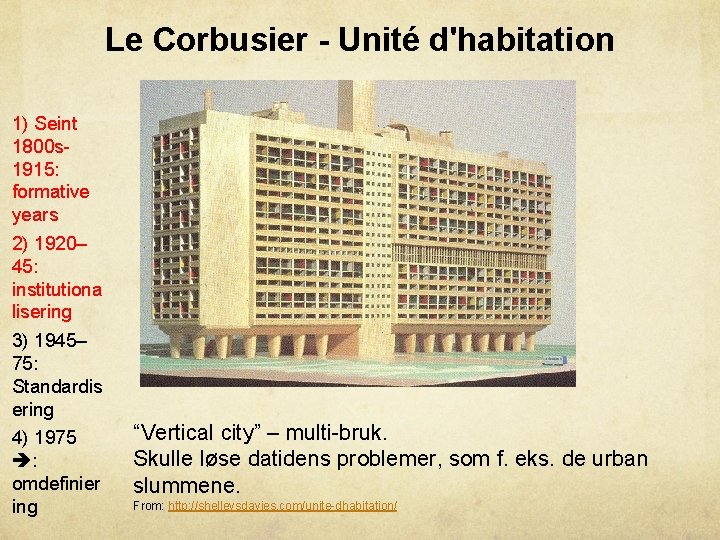 Le Corbusier - Unité d'habitation 1) Seint 1800 s 1915: formative years 2) 1920–