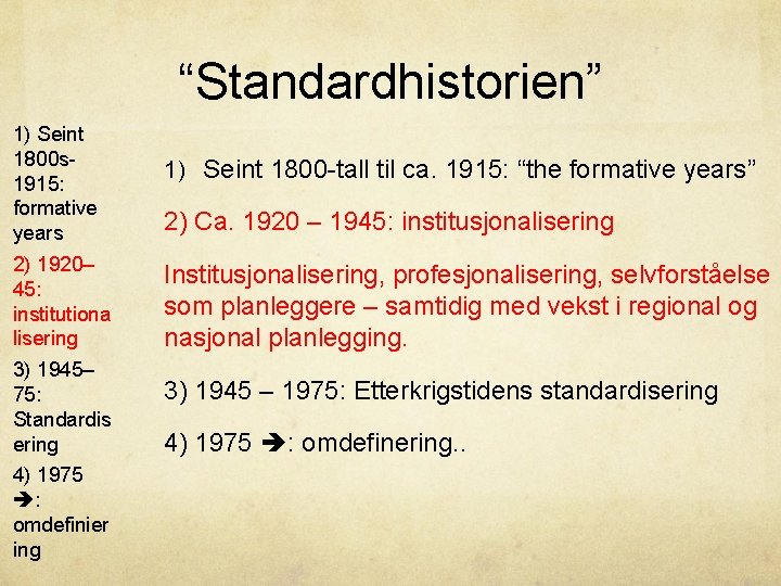 “Standardhistorien” 1) Seint 1800 s 1915: formative years 2) 1920– 45: institutiona lisering 3)