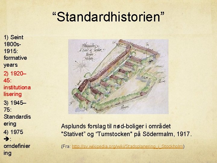 “Standardhistorien” 1) Seint 1800 s 1915: formative years 2) 1920– 45: institutiona lisering 3)