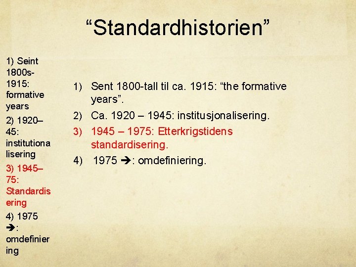 “Standardhistorien” 1) Seint 1800 s 1915: formative years 2) 1920– 45: institutiona lisering 3)