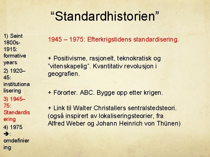 “Standardhistorien” 1) Seint 1800 s 1915: formative years 2) 1920– 45: institutiona lisering 3)