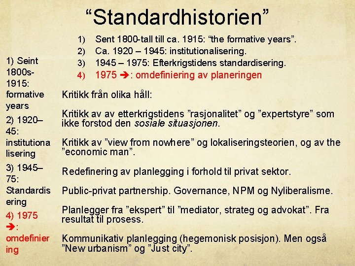 “Standardhistorien” 1) Seint 1800 s 1915: formative years 2) 1920– 45: institutiona lisering 3)