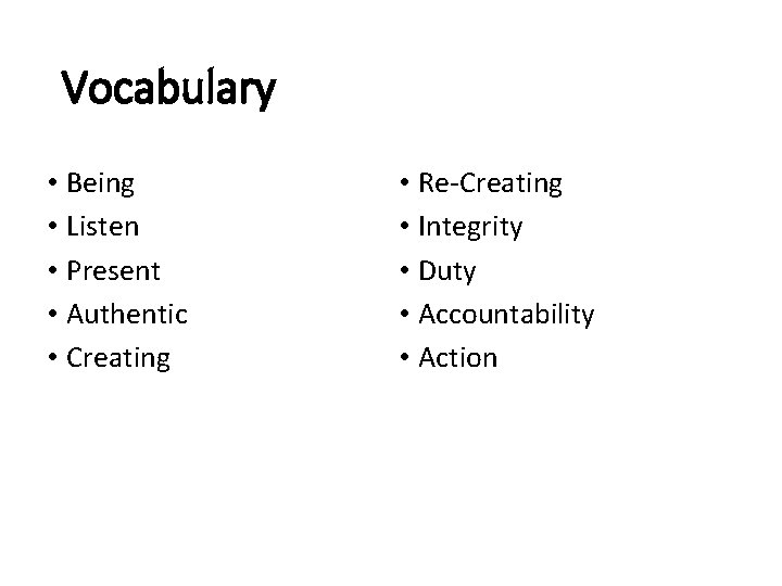 Vocabulary • Being • Listen • Present • Authentic • Creating • Re-Creating •