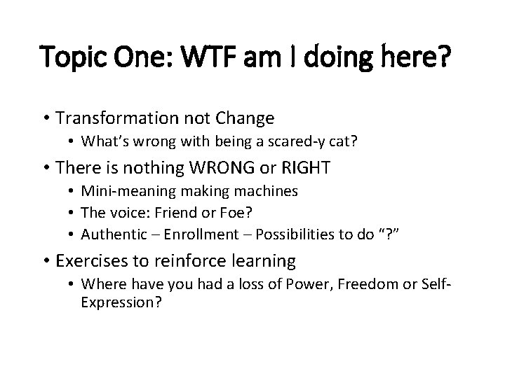 Topic One: WTF am I doing here? • Transformation not Change • What’s wrong