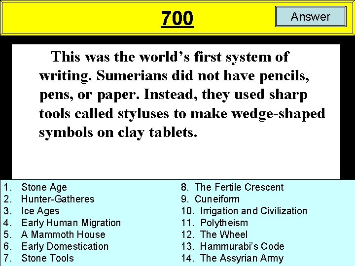 700 Answer This was the world’s first system of writing. Sumerians did not have