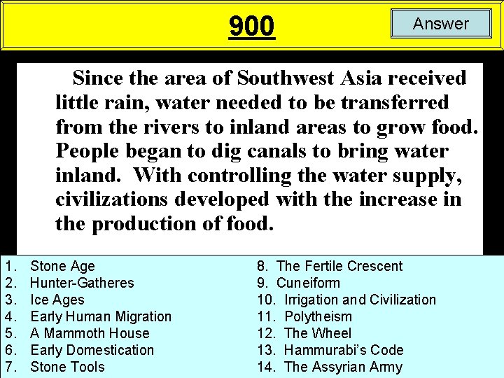 900 Answer Since the area of Southwest Asia received little rain, water needed to