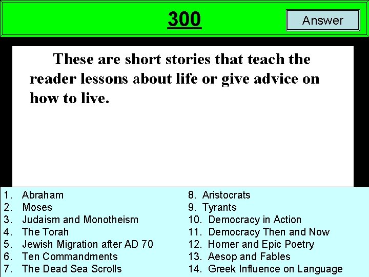 300 Answer These are short stories that teach the reader lessons about life or