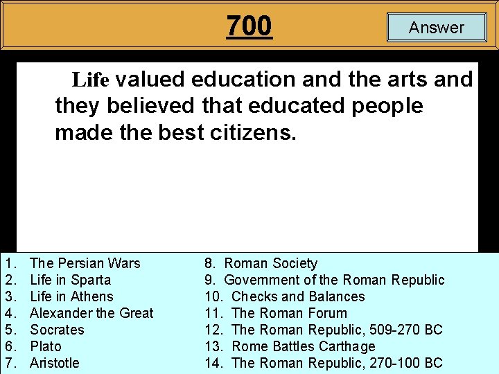 700 Answer Life valued education and the arts and they believed that educated people