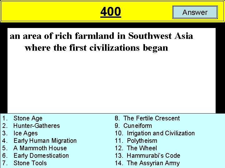 400 Answer an area of rich farmland in Southwest Asia where the first civilizations