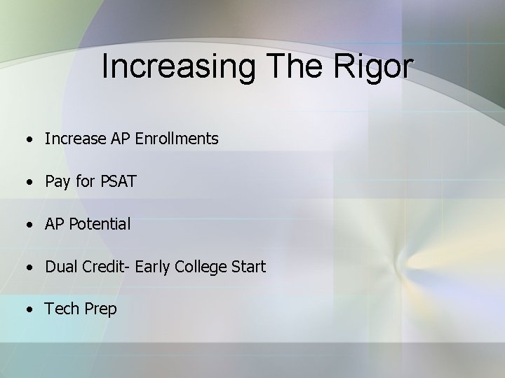  Increasing The Rigor • Increase AP Enrollments • Pay for PSAT • AP