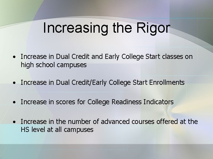 Increasing the Rigor • Increase in Dual Credit and Early College Start classes on