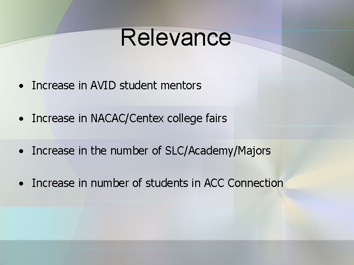 Relevance • Increase in AVID student mentors • Increase in NACAC/Centex college fairs •