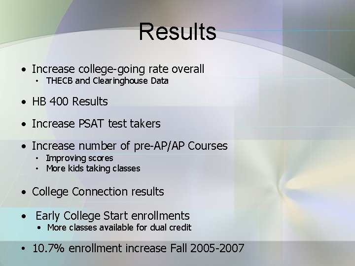 Results • Increase college-going rate overall • THECB and Clearinghouse Data • HB 400