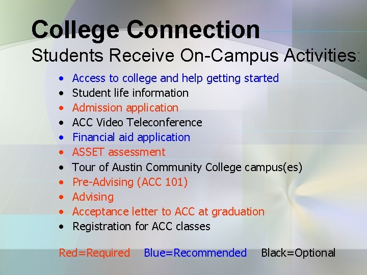 College Connection Students Receive On-Campus Activities: • • • Access to college and help