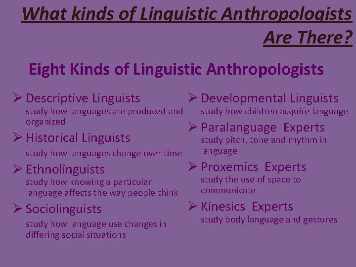 What kinds of Linguistic Anthropologists Are There? Eight Kinds of Linguistic Anthropologists Ø Descriptive