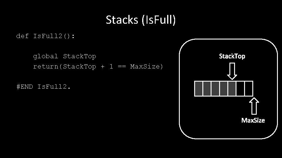 Stacks (Is. Full) def Is. Full 2(): global Stack. Top return(Stack. Top + 1