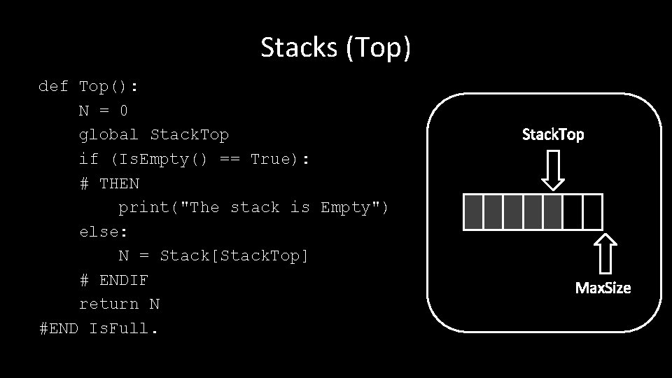 Stacks (Top) def Top(): N = 0 global Stack. Top if (Is. Empty() ==