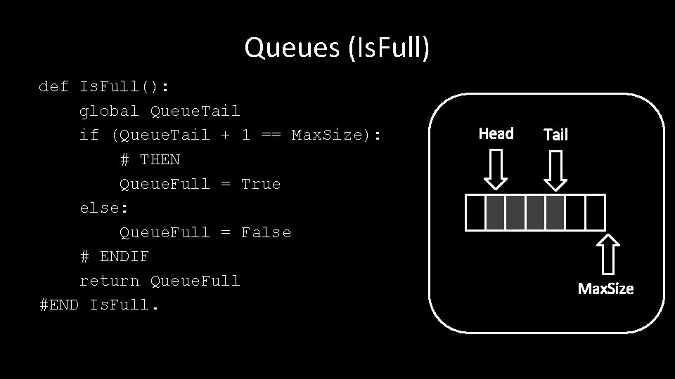 Queues (Is. Full) def Is. Full(): global Queue. Tail if (Queue. Tail + 1