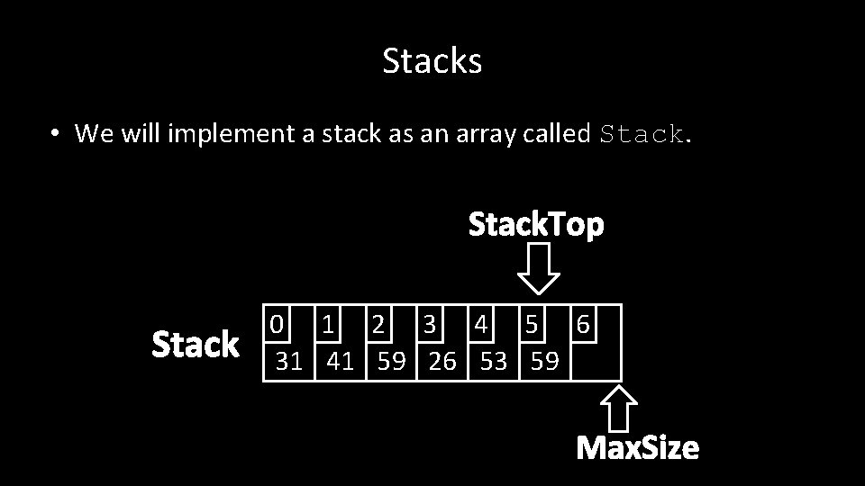 Stacks • We will implement a stack as an array called Stack. Top Stack