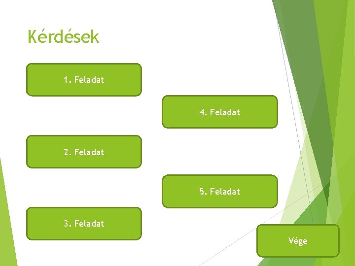 Kérdések 1. Feladat 4. Feladat 2. Feladat 5. Feladat 3. Feladat Vége 