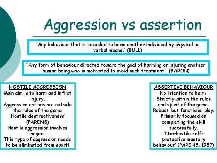 Aggression vs assertion “Any behaviour that is intended to harm another individual by physical