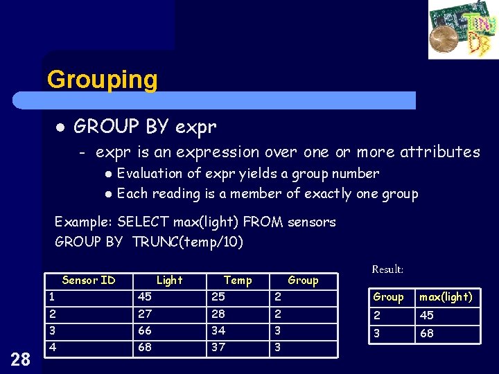 Grouping l GROUP BY expr – expr is an expression over one or more