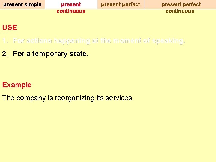 present simple present continuous present perfect continuous USE 1. For actions happening at the