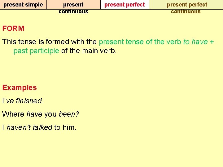 present simple present continuous present perfect continuous FORM This tense is formed with the