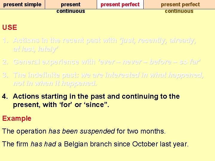 present simple present continuous present perfect continuous USE 1. Actions in the recent past