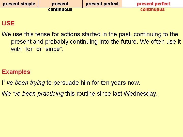 present simple present continuous present perfect continuous USE We use this tense for actions