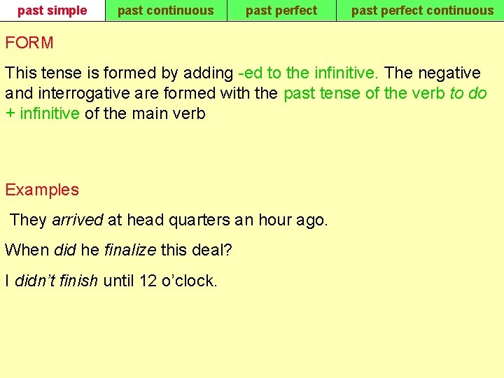 past simple past continuous past perfect continuous FORM This tense is formed by adding