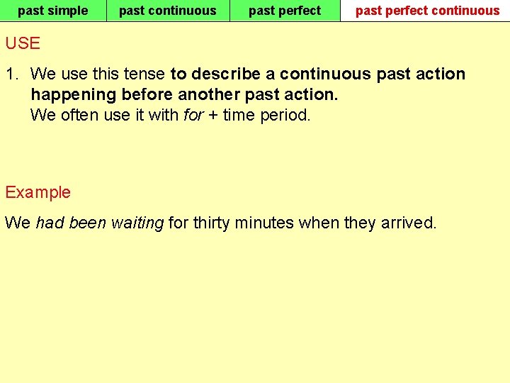 past simple past continuous past perfect continuous USE 1. We use this tense to