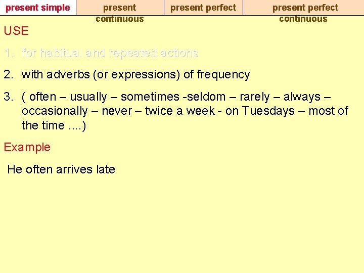 present simple present continuous present perfect continuous USE 1. for habitual and repeated actions