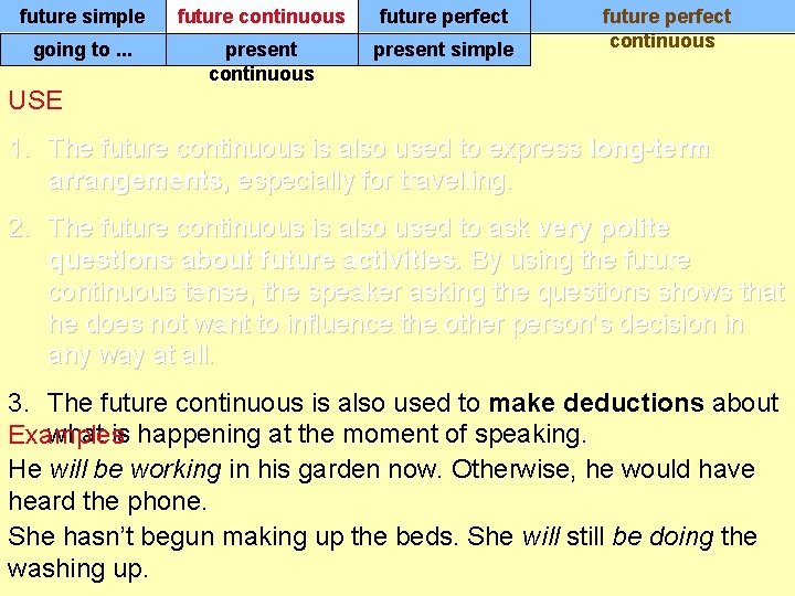 future simple future continuous future perfect going to. . . present continuous present simple