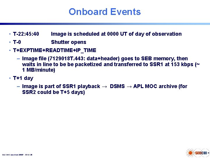 Onboard Events • T-22: 45: 40 Image is scheduled at 0000 UT of day Onboard Events • T-22: 45: 40 Image is scheduled at 0000 UT of day